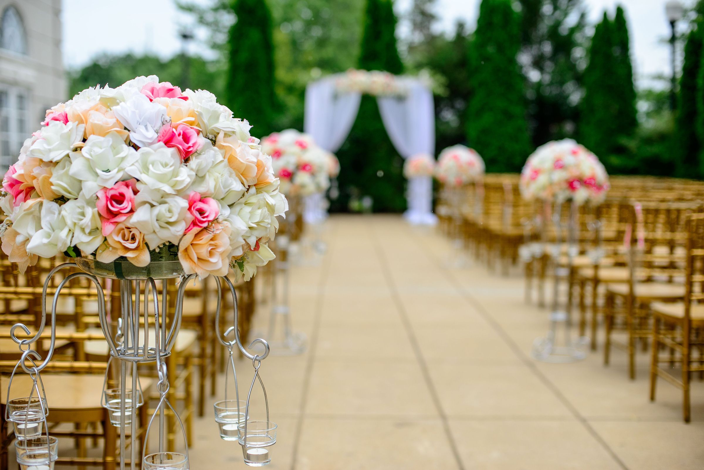 Outdoor ceremony aisle lined with gold Chiavari chairs and tall stands of blush and peach roses with hanging tea lights, leading to a white draped arch among cypress trees
