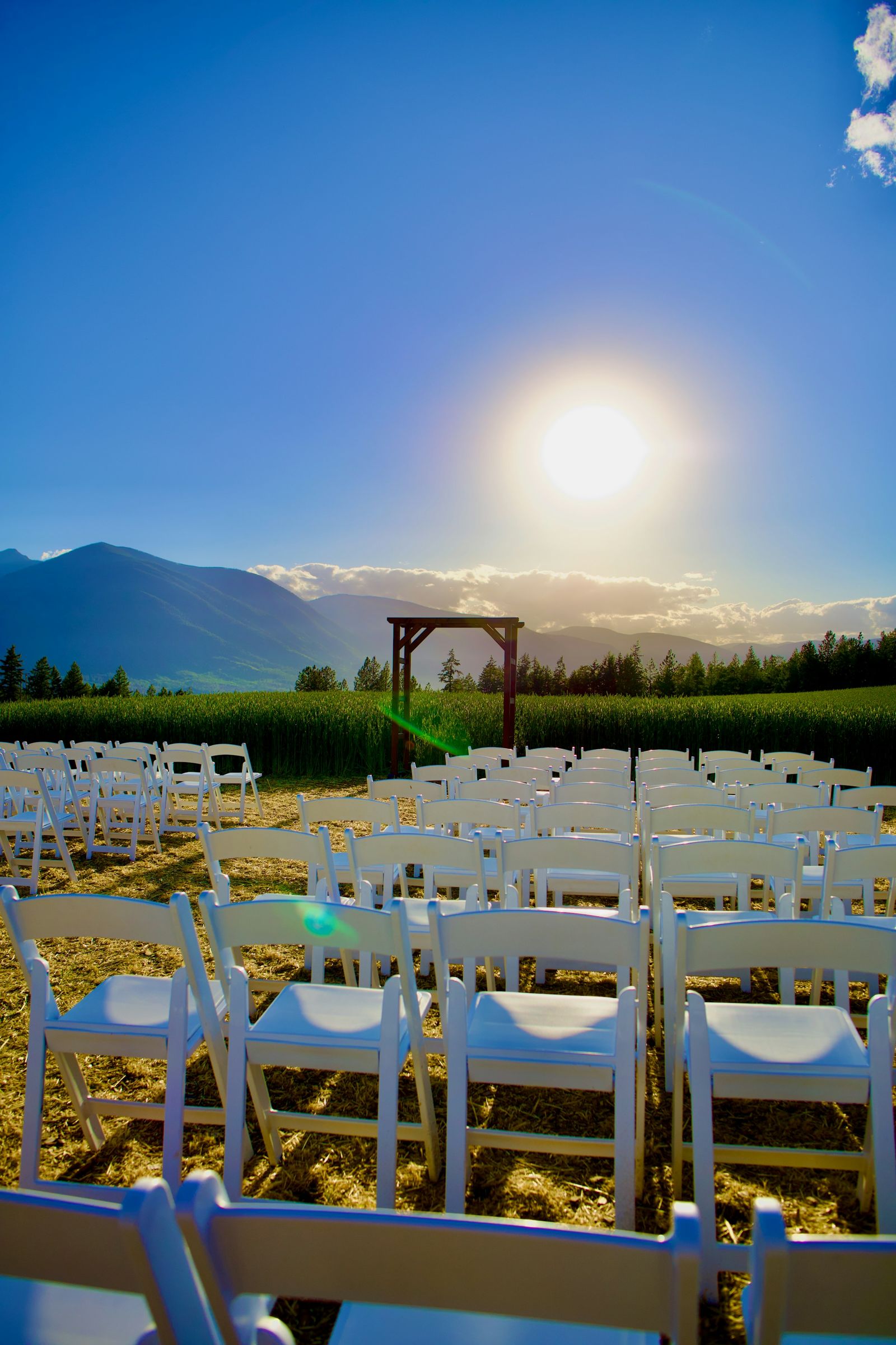 Rows of white folding chairs facing a simple wooden arch in a golden field, with mountains and a bright sun in a deep blue sky (portrait)